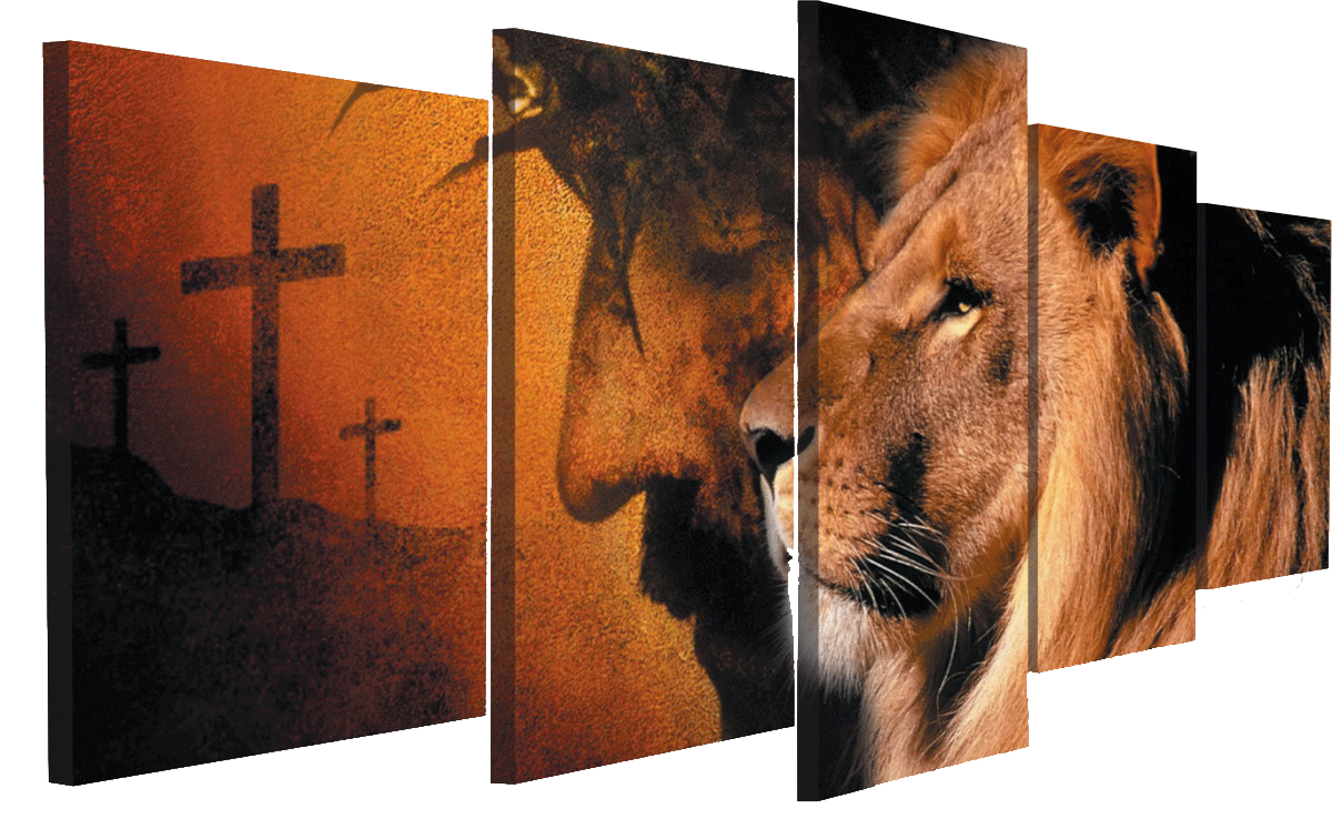 O rosto de Jesus e de um leão ao lado da três cruzes a qual ele foi crucificado com os ladrões.