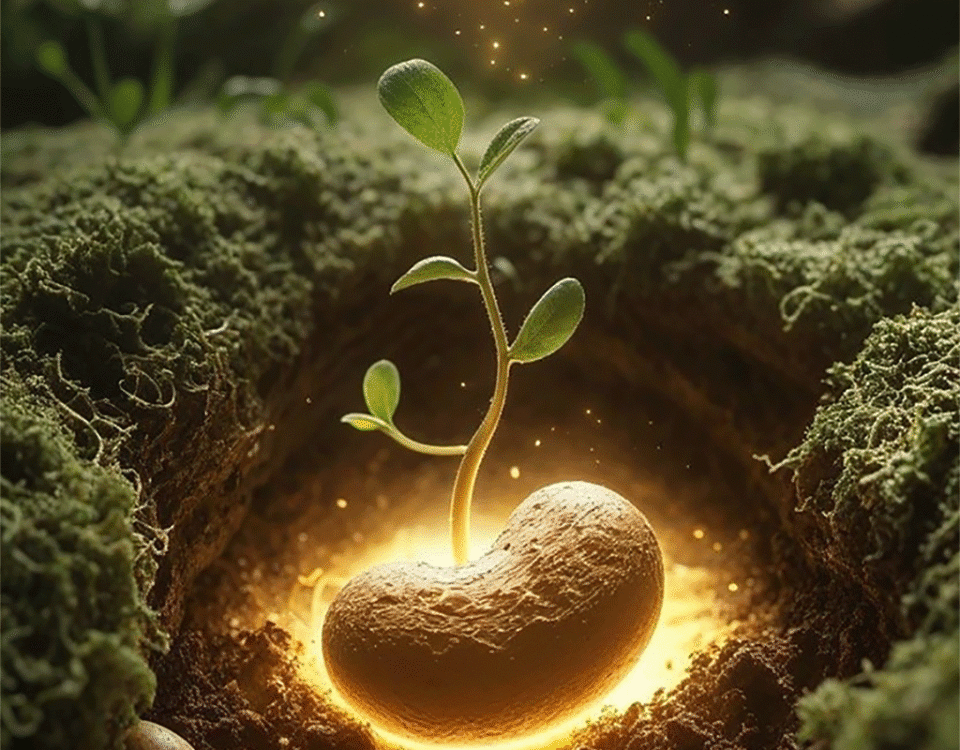 Uma semente nascendo em um solo fertil, com uma luz no fundo