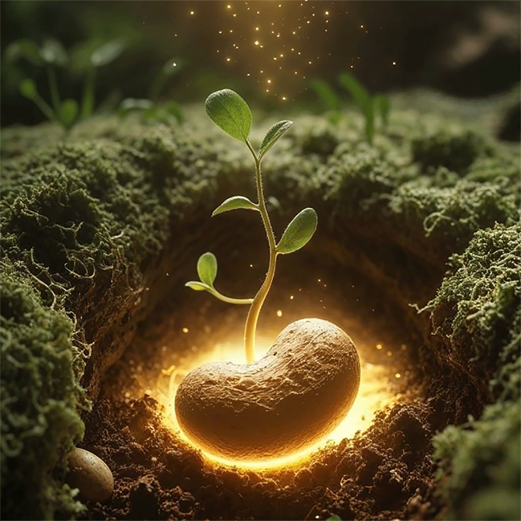 Uma semente nascendo em um solo fertil, com uma luz no fundo