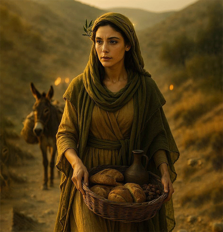 Uma mulher com um cesto cheio de pão nas mãos, andando em uma trilha com um burrinho atrás dela.