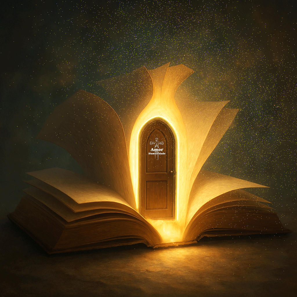 Uma porta no meio das páginas de um livro aberto.