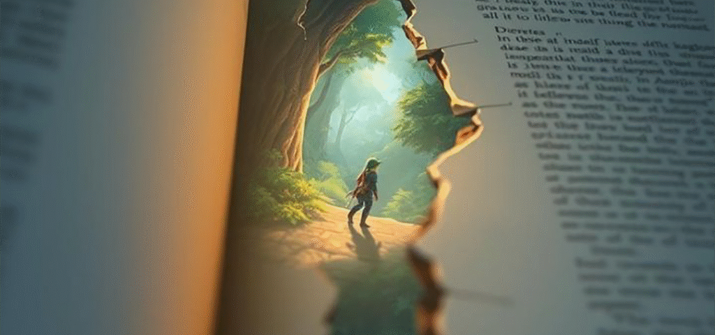 Um livro aberto com uma fenda em sua página onde mostra um homem caminhando na floresta
