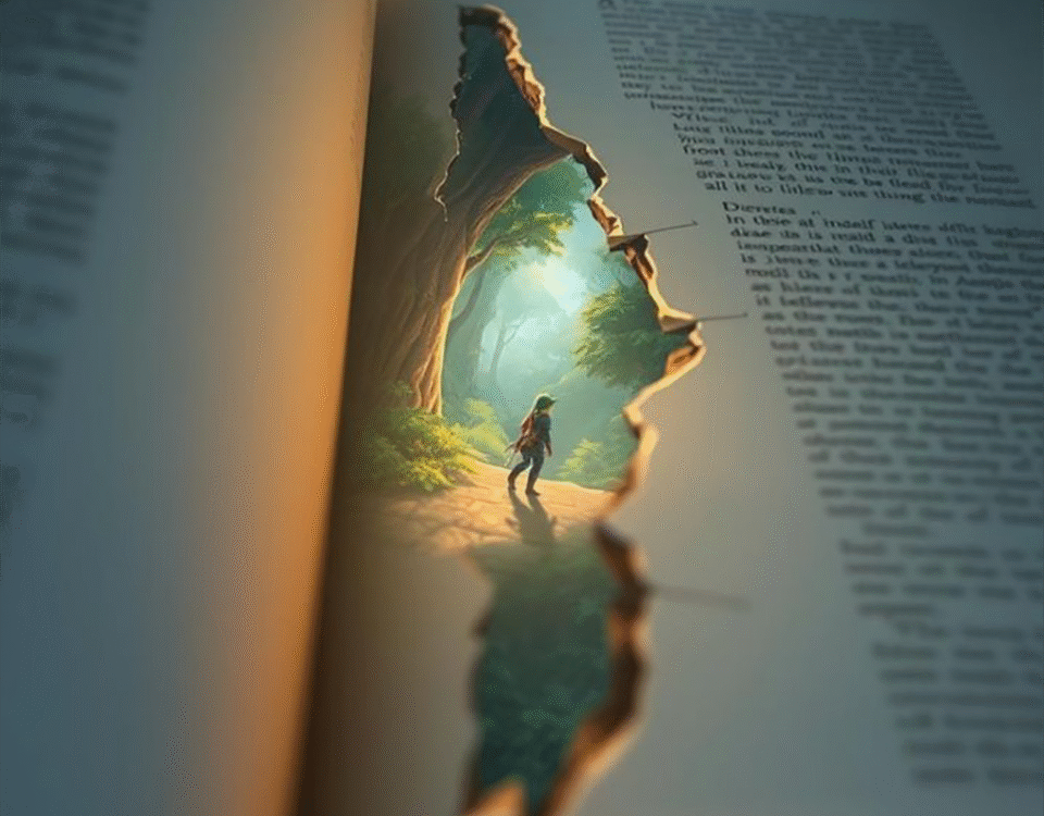 Um livro aberto com uma fenda em sua página onde mostra um homem caminhando na floresta