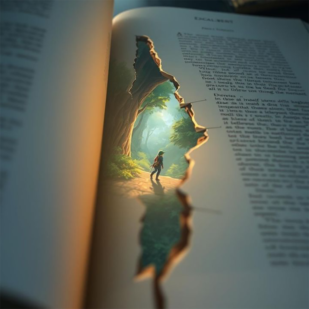 Um livro aberto com uma fenda em sua página onde mostra um homem caminhando na floresta