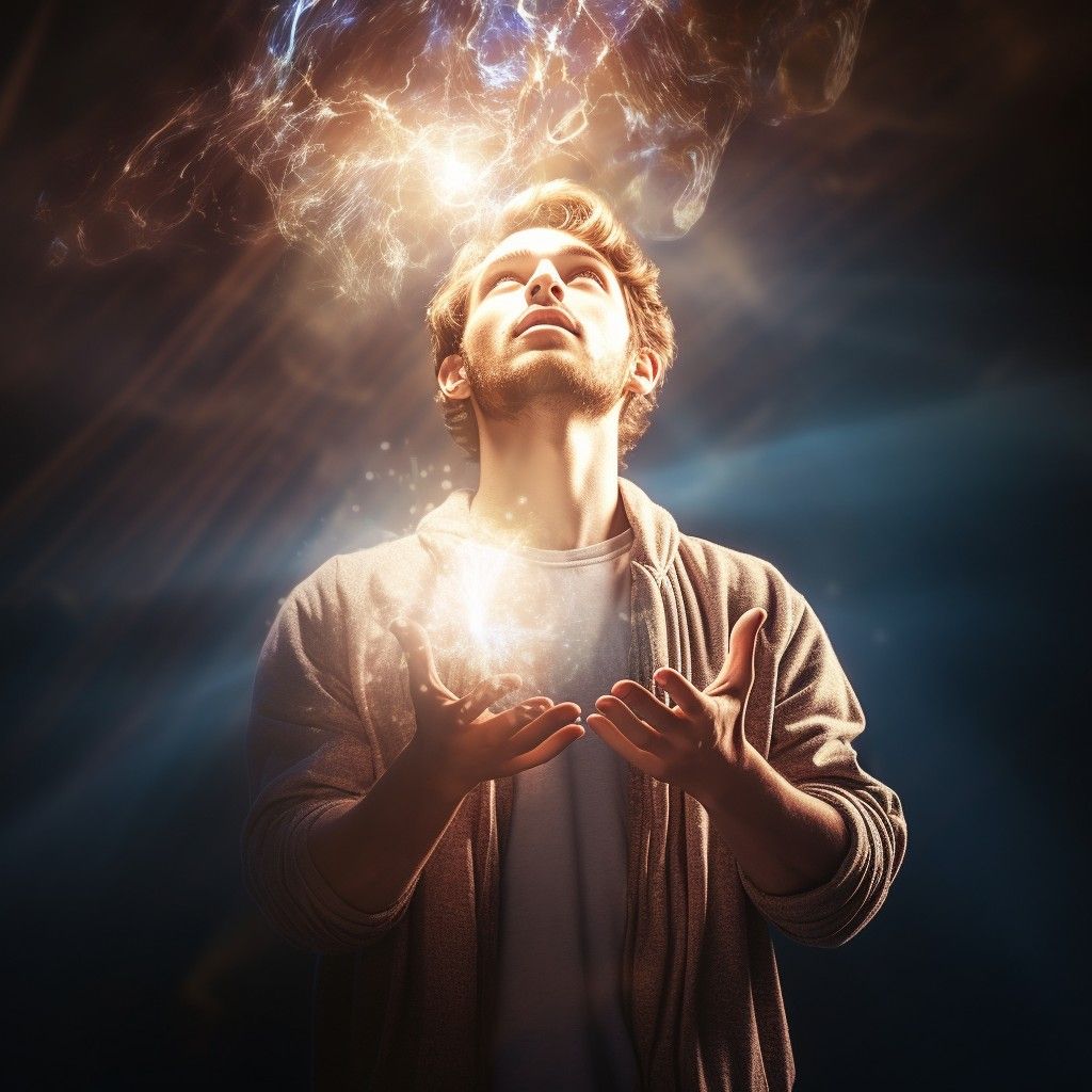 Um homem com um semblante feliz, olhando para cima uma luz que sai de suas mãos.