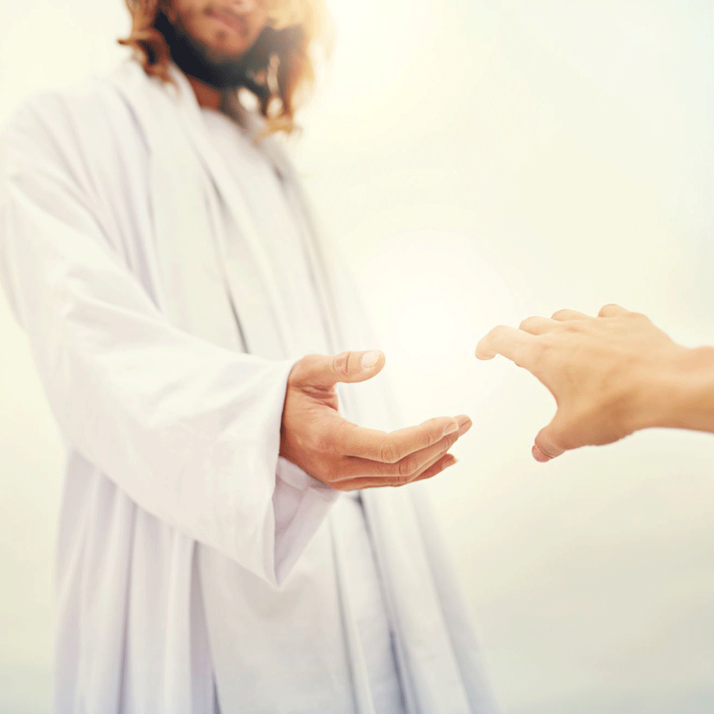 Jesus estendendo sua mão para ajudar um homem a se levantar