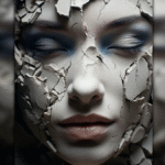 Um rosto de uma mulher rachando.