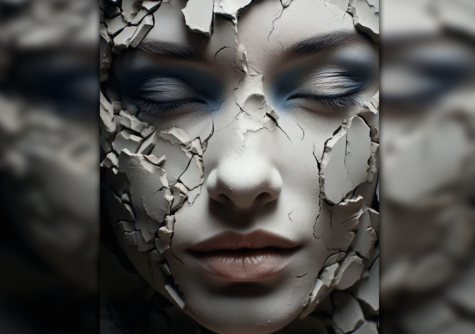 Um rosto de uma mulher rachando.