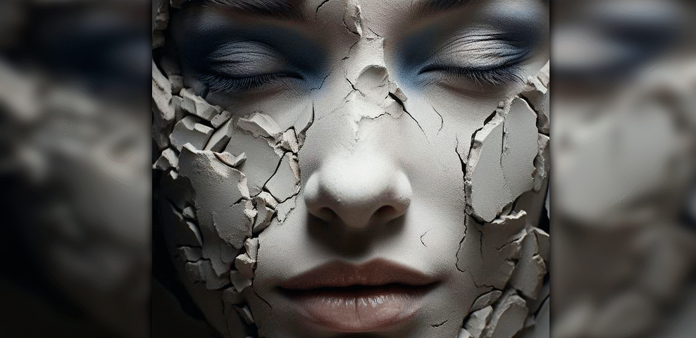 Um rosto de uma mulher rachando.