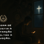 Um jovem intertido no celular, dentro de um quarto escuro, enquanto sombras o cercam.