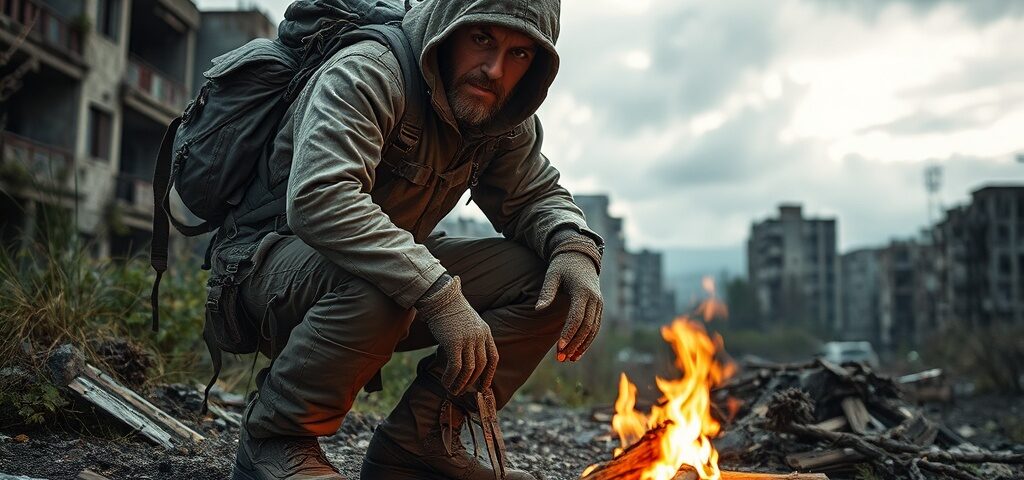 Um homem se aquecendo em frente a uma fogueira, no meio de uma cidade destruída.