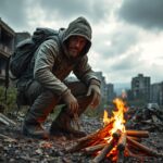 Um homem se aquecendo em frente a uma fogueira, no meio de uma cidade destruída.
