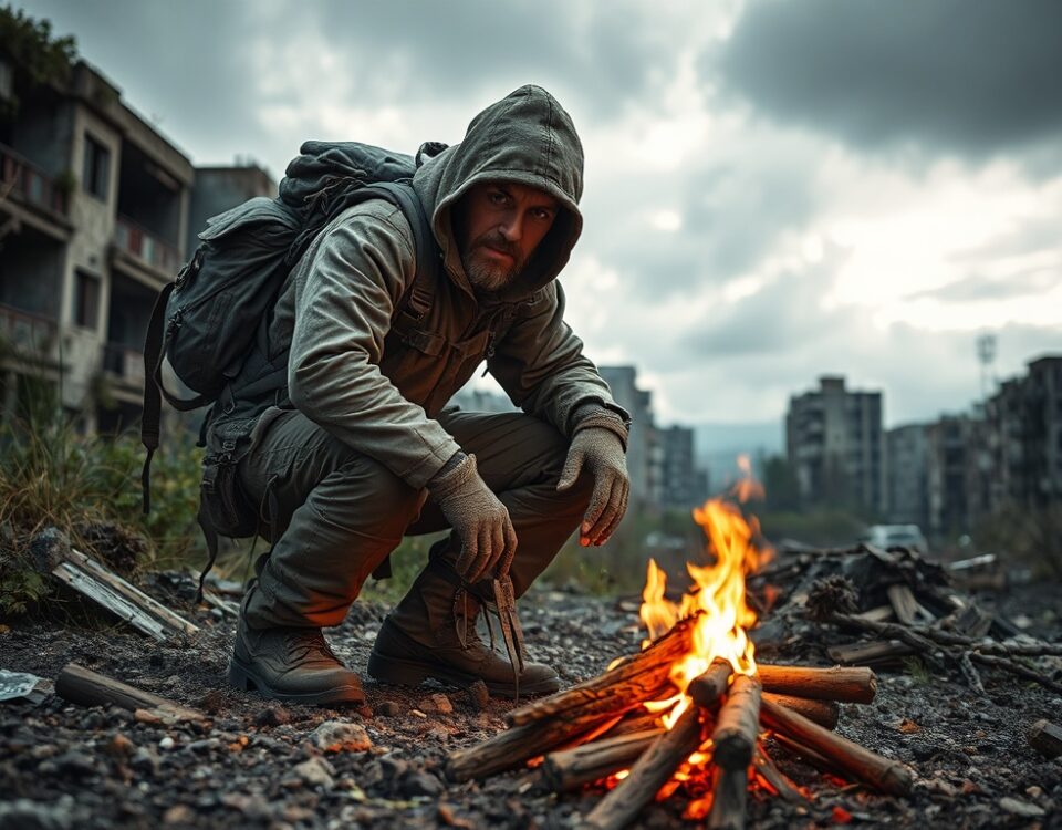 Um homem se aquecendo em frente a uma fogueira, no meio de uma cidade destruída.