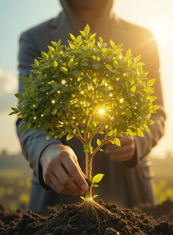 Um homem segurando a raiz de uma árvore, e saíndo luz dela.