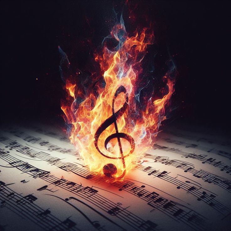 Uma clave de Sol pegango fogo em cima de uma partitura