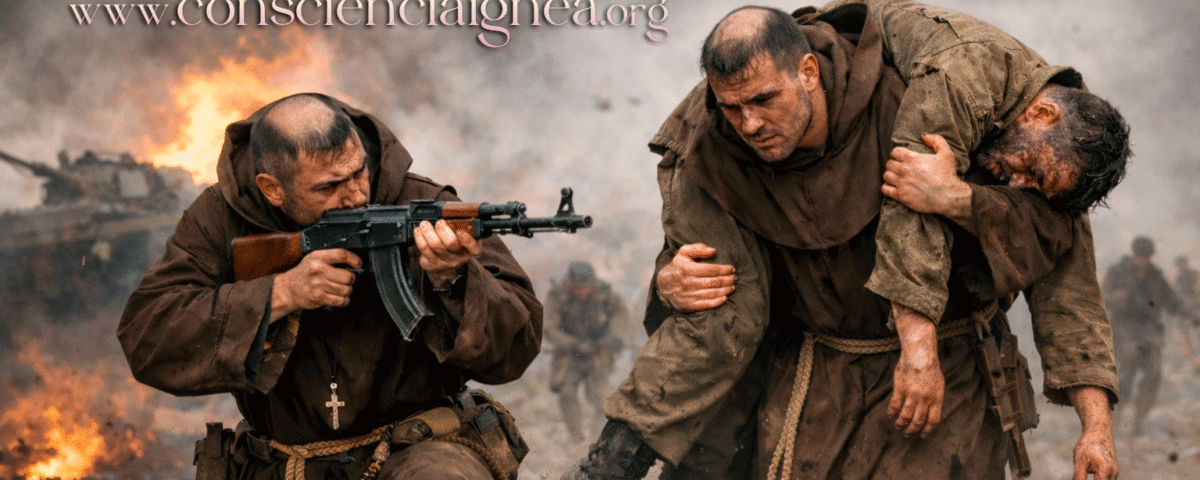 Dois monges lutando na guerra