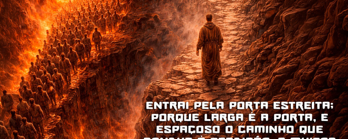Um homem caminhando rumo a porta estreita e uma mulditão caminho rumo ao abismo pelo caminho largo.
