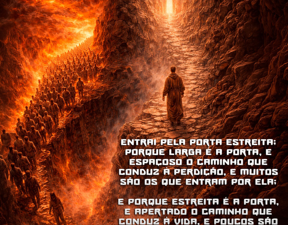 Um homem caminhando rumo a porta estreita e uma mulditão caminho rumo ao abismo pelo caminho largo.