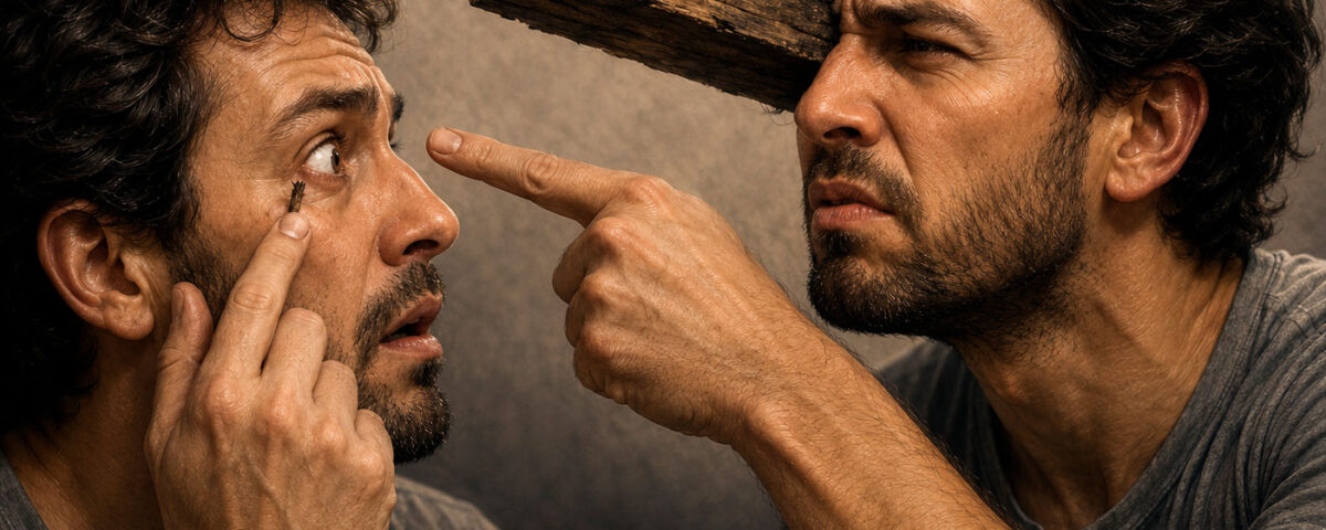 Um homem apontando um cisco no olho do seu irmão sem ver que no próprio olho há uma trave do mesmo cisco.