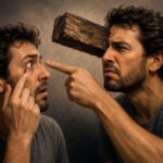 Um homem apontando um cisco no olho do seu irmão sem ver que no próprio olho há uma trave do mesmo cisco.