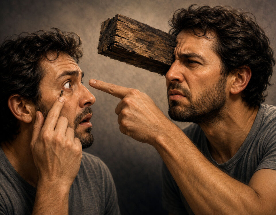 Um homem apontando um cisco no olho do seu irmão sem ver que no próprio olho há uma trave do mesmo cisco.